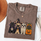 Espresso Comfort Colors Halloween shirt featuring four French Bulldogs in spooky costumes
