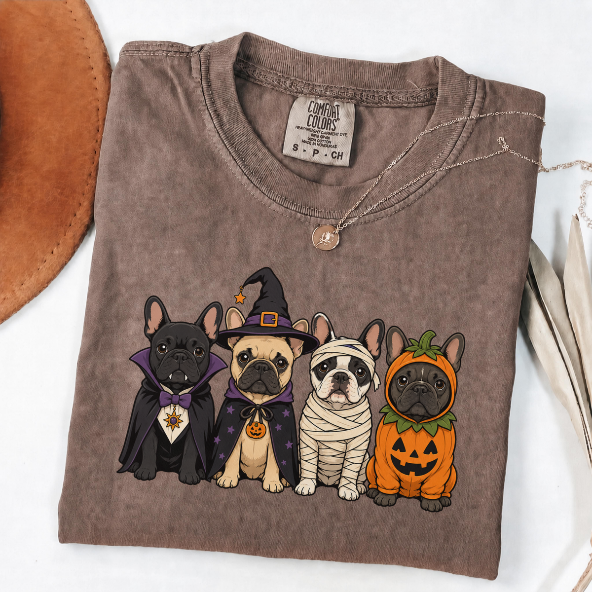 Espresso Comfort Colors Halloween shirt featuring four French Bulldogs in spooky costumes