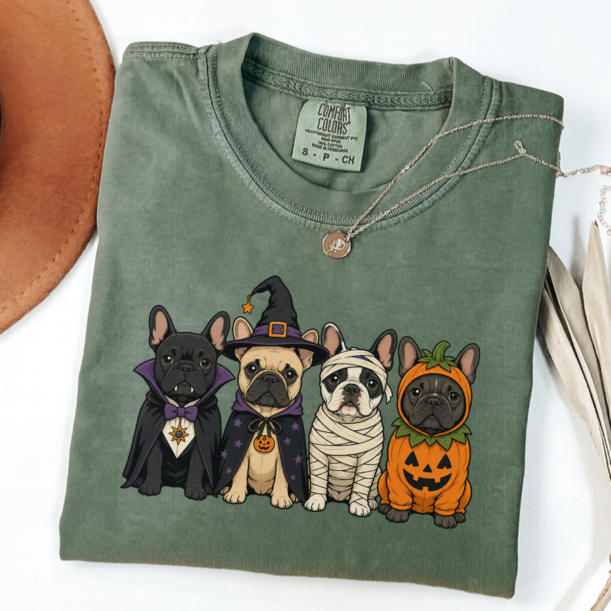 Moss Comfort Colors Halloween shirt featuring four French Bulldogs in spooky costumes