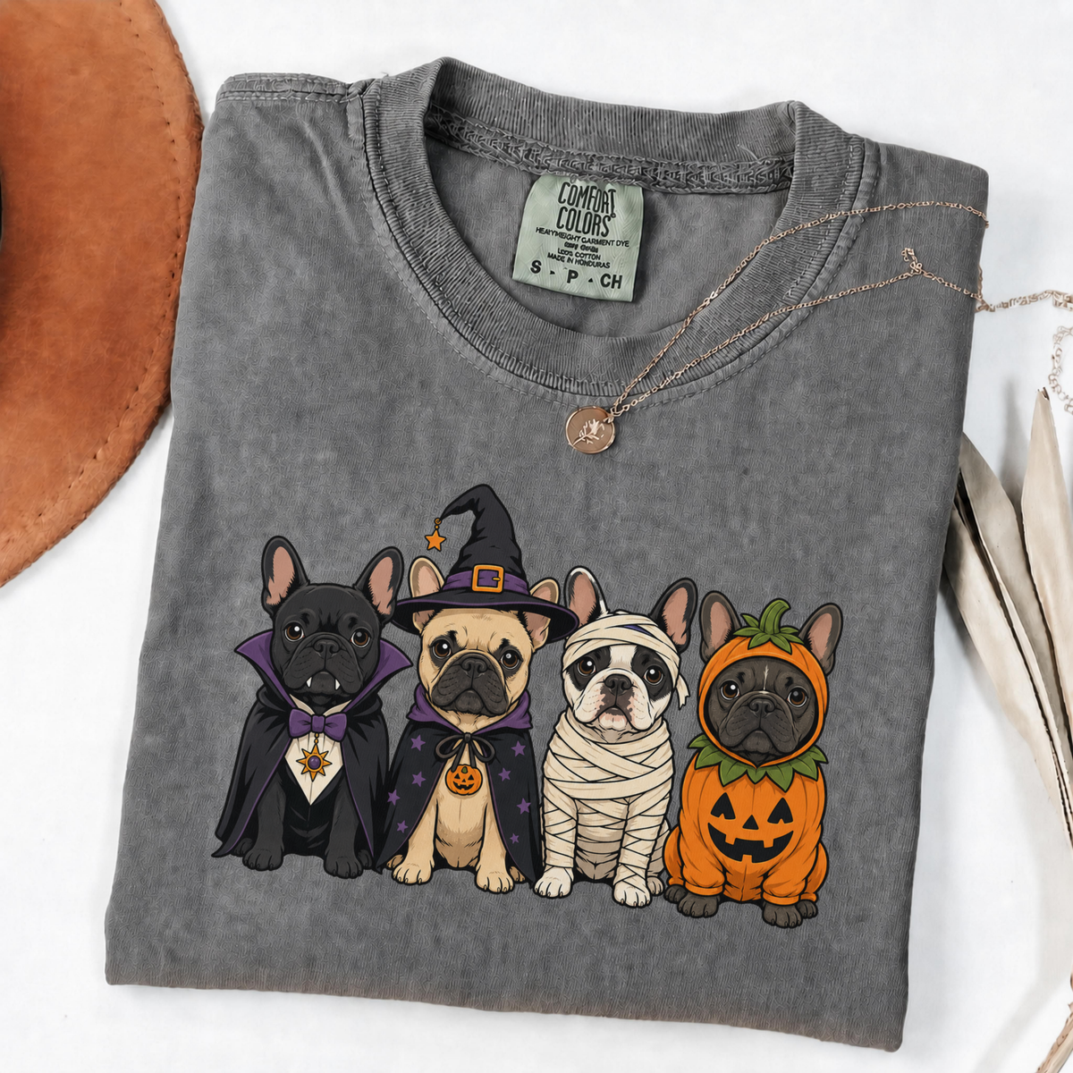 Pepper Comfort Colors Halloween shirt featuring four French Bulldogs in spooky costumes