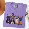 Violet Comfort Colors Halloween shirt featuring four French Bulldogs in spooky costumes