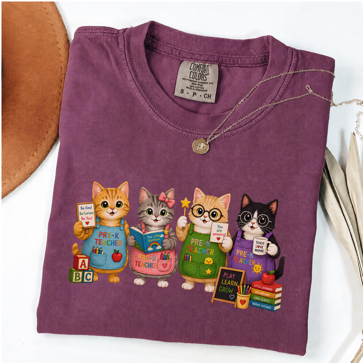 Berry T-shirt with four cartoon cats dressed as colorful pre-K teachers.