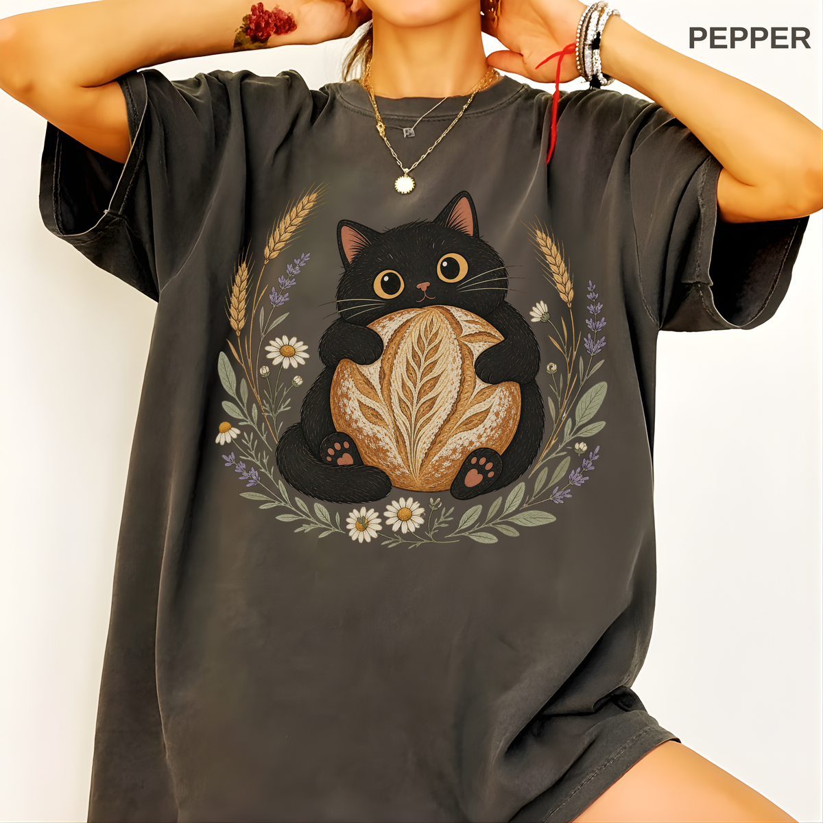 Floral Black Cat Sourdough Shirt