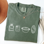 Moss sourdough baker shirt with flour, starter, Dutch oven and bread illustrations.