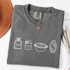 Pepper sourdough baker shirt with flour, starter, Dutch oven and bread illustrations.